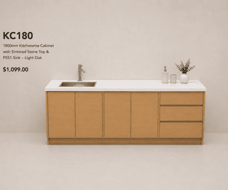 KC180 180cm Kitchenette Cabinet with Sintered Stone Top & PS51 Sink – Light Oak